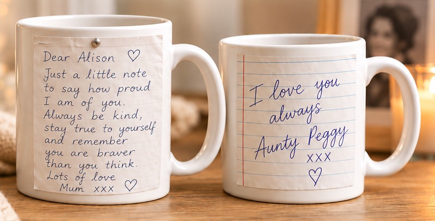 Two personalised white mugs featuring treasured handwritten notes on original-looking paper, including a note signed Aunty Peggy