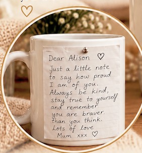 Example of an original-looking handwritten note printed on a white mug